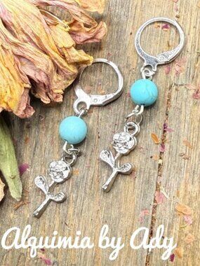 Tiny ROSES + Turquoise  Hoops | Boho Silver 6mm Stones